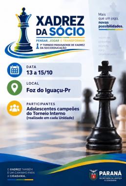 O tabuleiro já está preparado para uma grande final! 🏆  Há cerca de um mês, teve início, dentro das unidades socioeducativas do Paraná, o Torneio Paranaense de Xadrez da Socioeducação. Ao longo desse período, adolescentes de 25 unidades, entre Centros de Socioeducação e Casas de Semiliberdade, participaram de treinamentos e torneios internos para definir seus representantes.  Em cada unidade, o adolescente campeão conquistou a vaga para disputar a grande final estadual, que será realizada em Foz do Iguaçu,