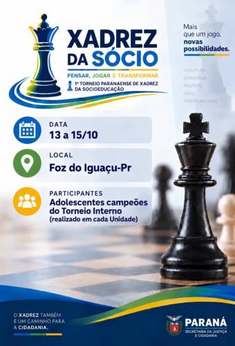 O tabuleiro já está preparado para uma grande final! 🏆 Há cerca de um mês, teve início, dentro das unidades socioeducativas do Paraná, o Torneio Paranaense de Xadrez da Socioeducação. Ao longo desse período, adolescentes de 25 unidades, entre Centros de Socioeducação e Casas de Semiliberdade, participaram de treinamentos e torneios internos para definir seus representantes. Em cada unidade, o adolescente campeão conquistou a vaga para disputar a grande final estadual, que será realizada em Foz do Iguaçu,