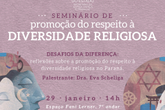 A secretaria da Justiça, Família e Trabalho (Sejuf) realiza o 1º Seminário de Promoção do Respeito à Diversidade Religiosa. Será dia 29 de janeiro, às 14 horas, no espaço Fani Lerner, 7º andar do Palácio das Araucárias, no Centro Cívico. ”O pluralismo religioso é uma característica marcante do nosso País e muitos segmentos têm sua fé marcada em tradições milenares, que merecem todo o nosso respeito”, esclareceu o secretário Ney Leprevost, lembrando a importância do diálogo, conhecimento e o reconhecimento d